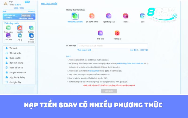 Nạp tiền 8DAY có nhiều phương thức